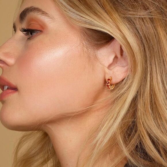 14K Yellow Gold 925 Sterling Silver with Ruby Red Cubic Zirconia Huggie Earrings - Picture 4 of 7